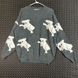 Fuze Gray Koala Print Knit Pullover Crewneck Sweater Women's Size Large